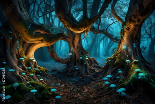 An enchanted forest scene with ancient trees, their gn photo