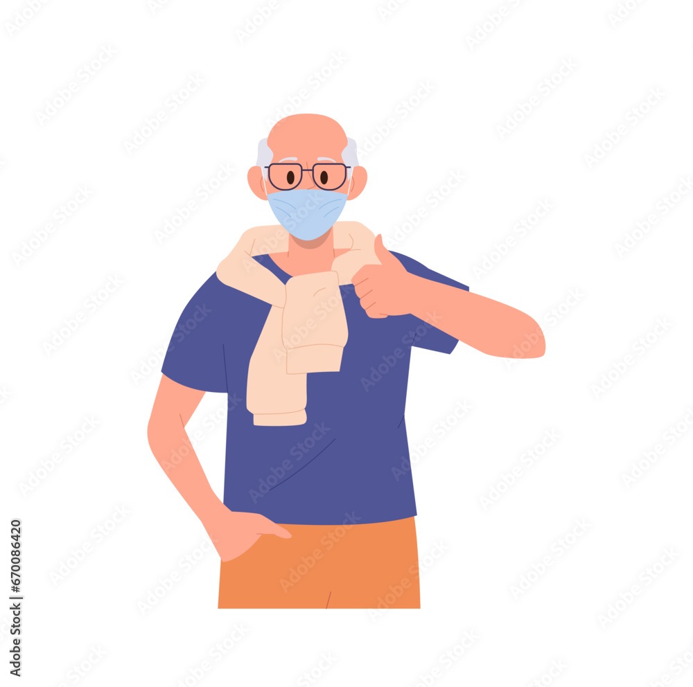 Happy satisfied senior man cartoon character wearing protective medical mask gesturing thumbs-up