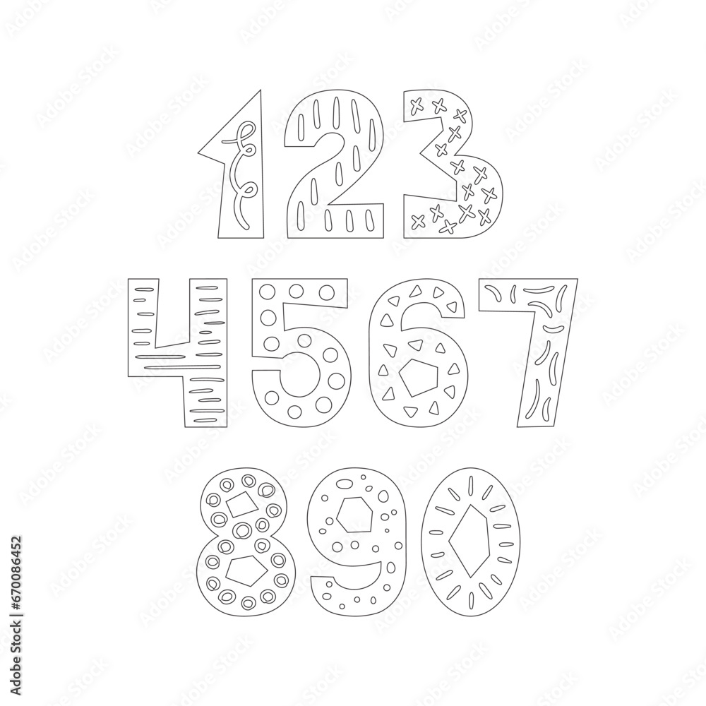 Coloring page, outline drawing for coloring book. Numbers with decorative doodle elements Cutout childish number collection Playful style design