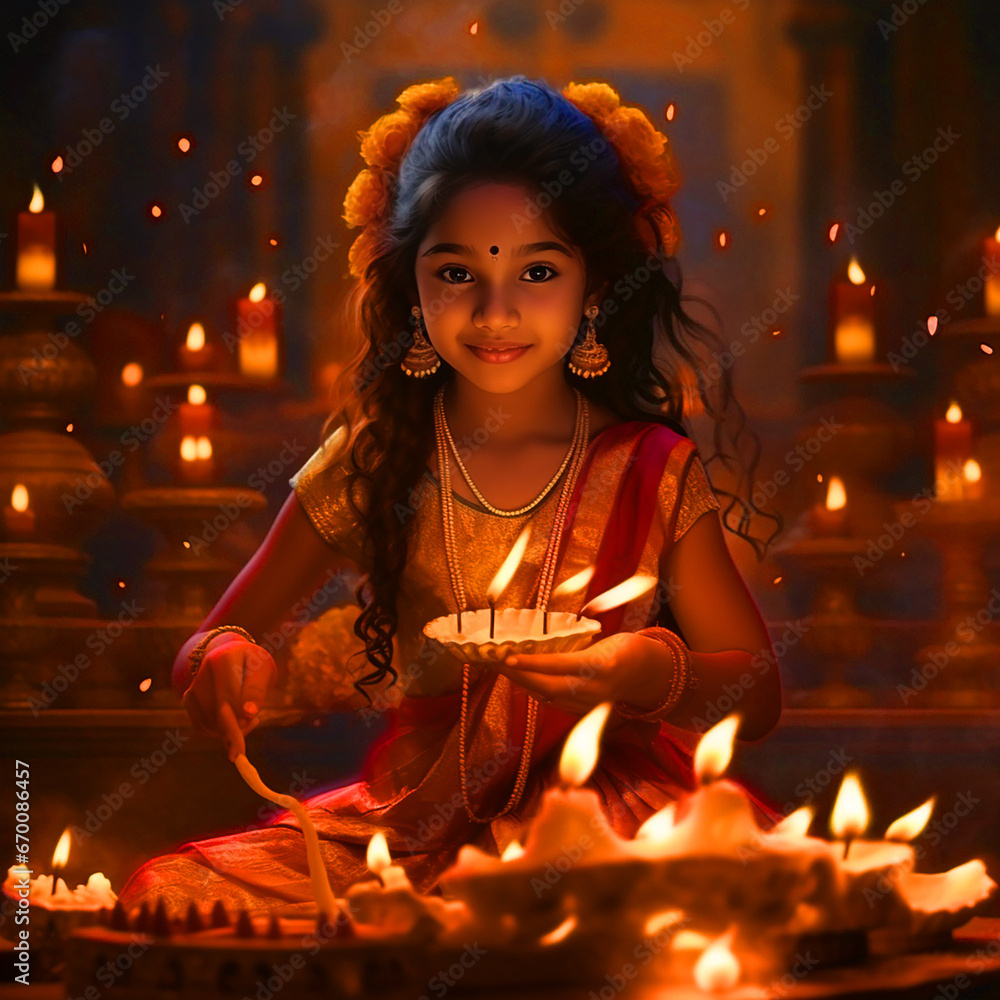 beautiful hindu girl with beautiful colorful clay indian Diwali Diye
