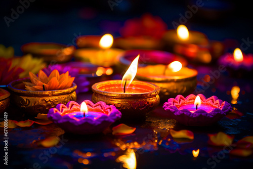 beautiful colorful clay Indian Diwali Diye lamps for Diwali festival, Diwali postcard, generative AI © Paulina