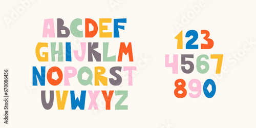 Colorful alphabet and numbers with decorative doodle elements Cutout childish letters and number collection Playful style design