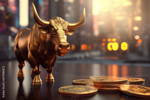 golden bitcoin BTC coin with golden bull for crypto bull market concepts, mixed digital 3d illustration and matte painting photo