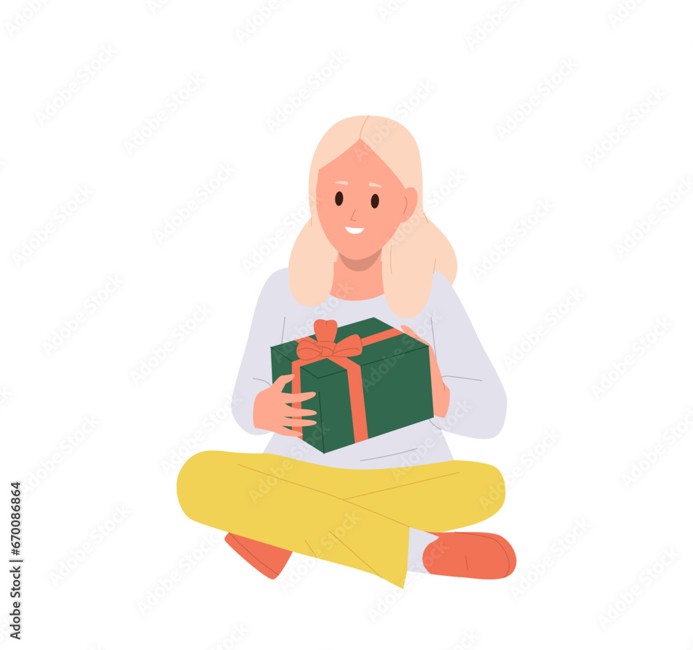 Cute smiling girl preschooler child cartoon character holding festive gift box feeling excitement Cute smiling girl preschooler child cartoon character holding festive gift box feeling excitement