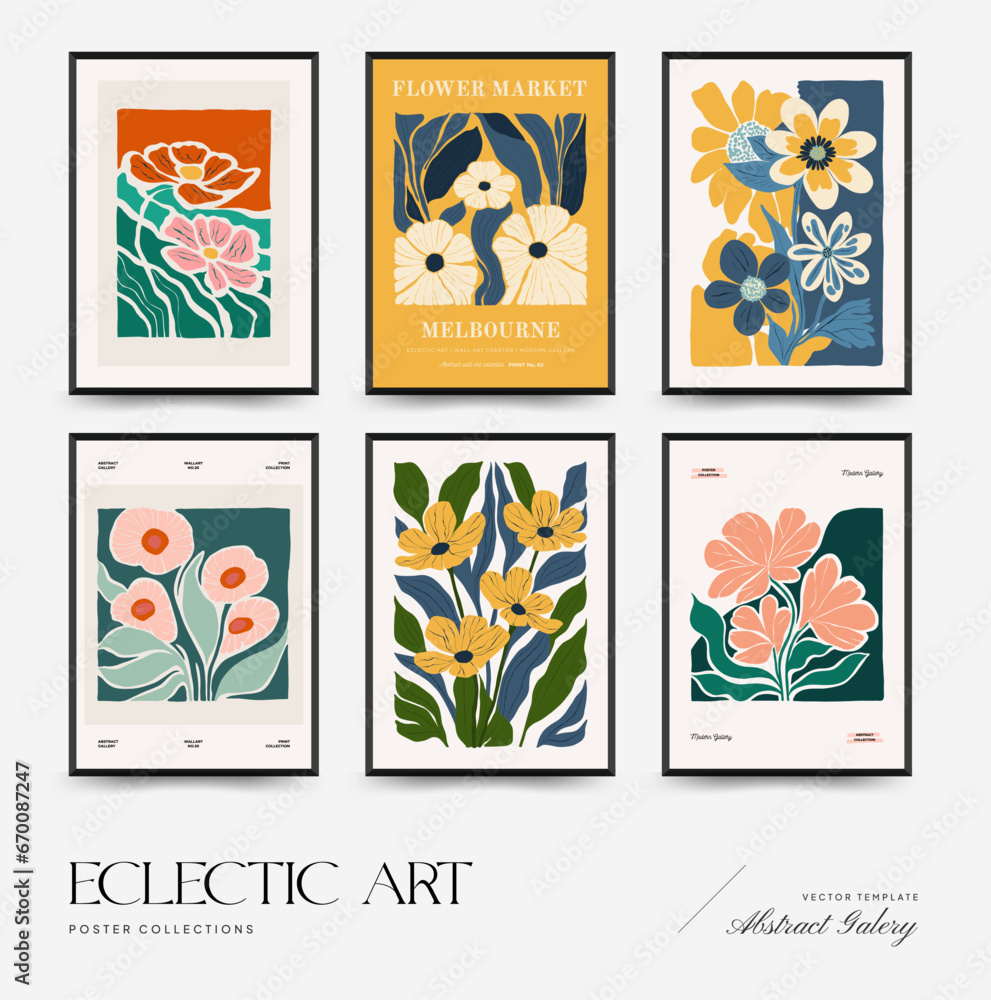 Abstract floral posters template. Modern trendy Matisse minimal style. Pink and blue colors. Hand drawn design for wallpaper, wall decor, print, postcard, cover, template, banner.