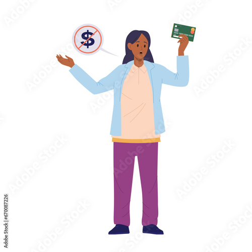 Stressed upset woman isolated cartoon character having no money on credit or debit bank card