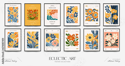 Abstract floral posters template. Modern trendy Matisse minimal style. Pink and blue colors. Hand drawn design for wallpaper, wall decor, print, postcard, cover, template, banner.