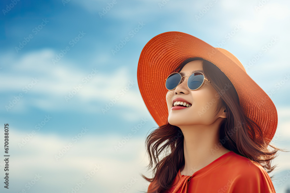 beautiful young cheerful girl wearing glasses and hat rests at morning beach beautiful young cheerful girl wearing glasses and hat rests at morning beach