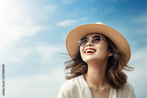  beautiful young cheerful girl wearing glasses and hat rests at morning beach