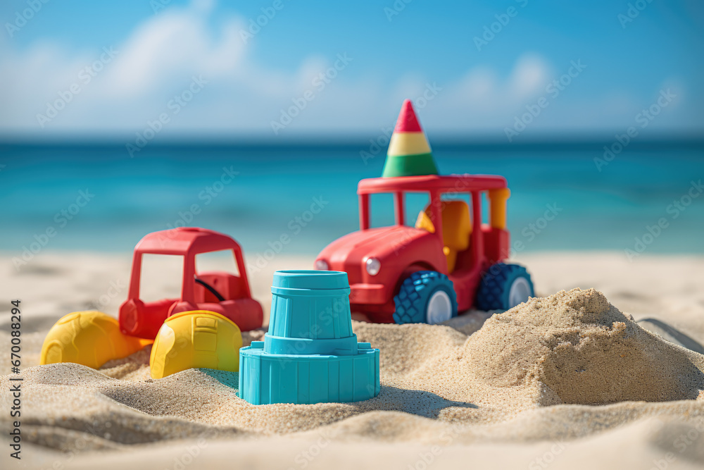 Colorful plastic toys on a sandy beach. Selective focus. Colorful plastic toys on a sandy beach. Selective focus.