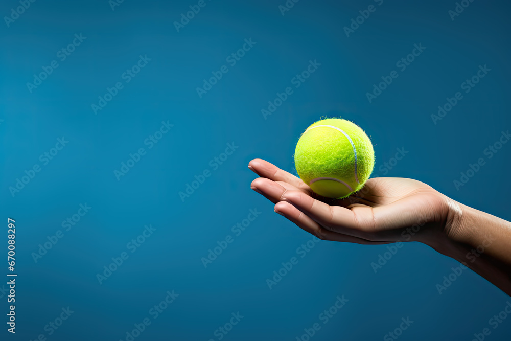 Tennis ball in the hand of a player on a blue background