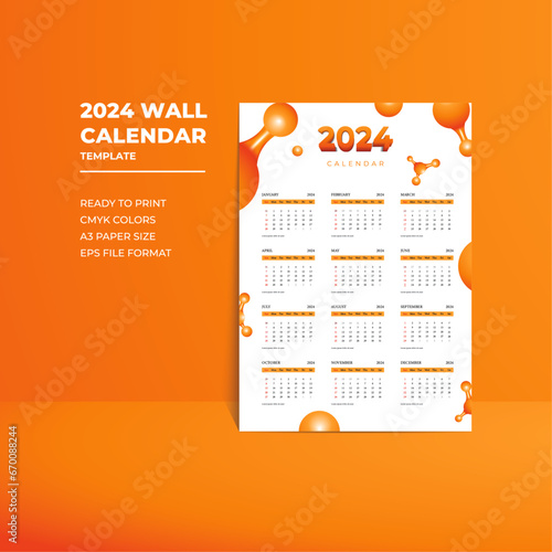 CMYK Colors Profile Single Page 2024 Wall Calendar Template with Abstract Orange Liquid Theme