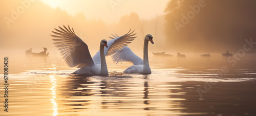 two swans on a lake in the haze  © Amir