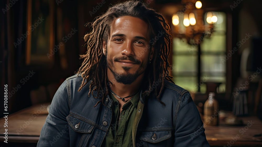 Smiling young african american man with dreadlocks in denim jacket and hat sitting on chair with folded arms and looking at camera on background. Man portrait illustration. Generative AI