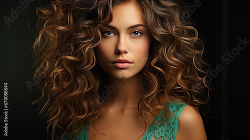 Beauty brunette girl with long shiny curly hair. Beautiful smiling woman model wavy hairstyle. Cosmetology, cosmetics and make-up. Model illustration. Generative AI
