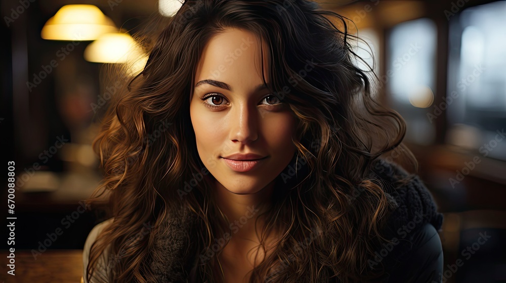 Young brunette woman wearing casual winter sweater with a happy and cool smile on face. Model portrait illustration. Generative AI Young brunette woman wearing casual winter sweater with a happy and cool smile on face. Model portrait illustration. Generative AI