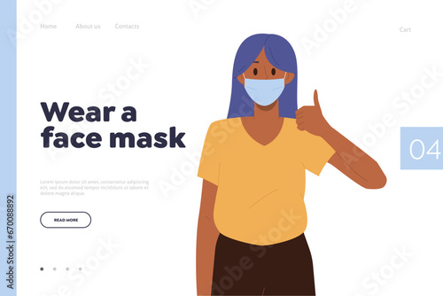 Wear face mask motivational phrase landing page template with happy young woman gesturing thumbsup