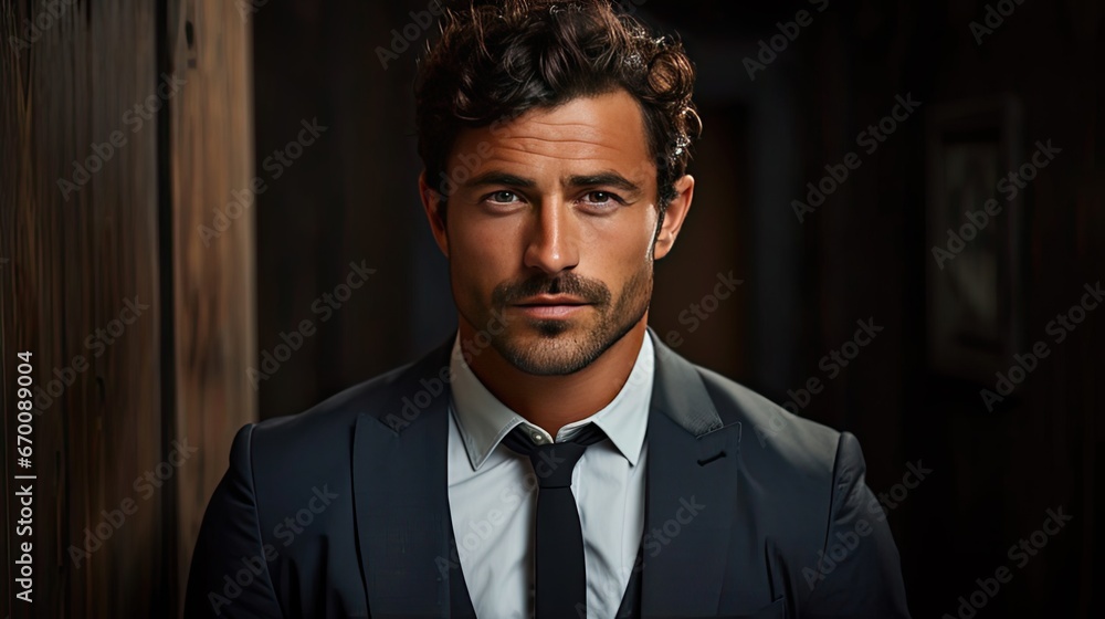 Handsome young man posing on background. Portrait of satisfied businessman against grey wall. Close up face of fashionable latin man on grey background. Generative AI art Handsome young man posing on background. Portrait of satisfied businessman against grey wall. Close up face of fashionable latin man on grey background. Generative AI art