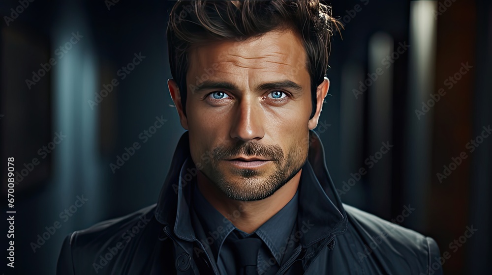 Handsome young man posing on background. Portrait of satisfied businessman against grey wall. Close up face of fashionable latin man on grey background. Generative AI art Handsome young man posing on background. Portrait of satisfied businessman against grey wall. Close up face of fashionable latin man on grey background. Generative AI art