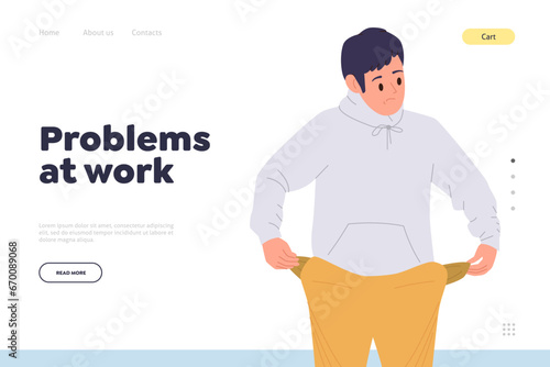 Problems at work landing page template with frustrated unhappy man employee character design