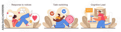 Digital multitasking set. Effective and competent office worker media consumption management. Business productivity optimization, scheduling and progress tracking. Flat vector illustration