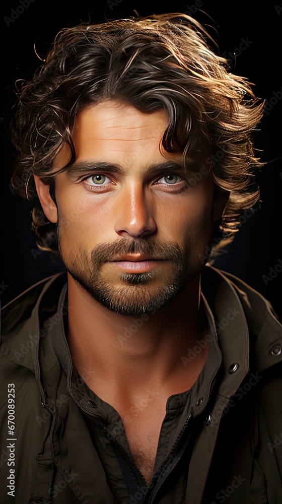 Fototapeta premium Close-up portrait of a handsome young man with brave manly face. Male beauty, cosmetics. Man face portrait illustration. Generative AI