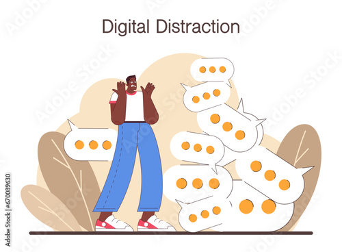 Digital multitasking. Effective and competent office worker media consumption management. Business productivity optimization, scheduling and progress tracking. Flat vector illustration
