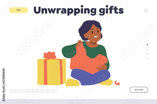 Unwrapping gifts for landing page design template with happy girl child character holding box
