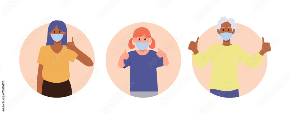 Round icon composition isolated set with happy people of different age wearing medical face mask