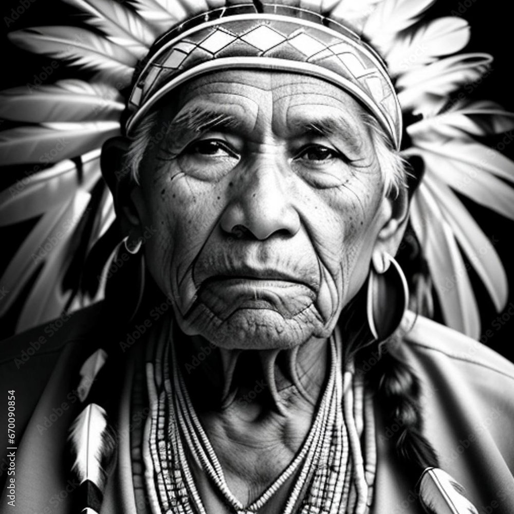 Obraz premium Black and white portrait of an elderly native American man. Generative AI