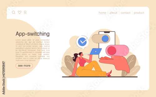 Digital multitasking web banner or landing page. Effective and competent office worker media consumption management. Business productivity optimization. Flat vector illustration