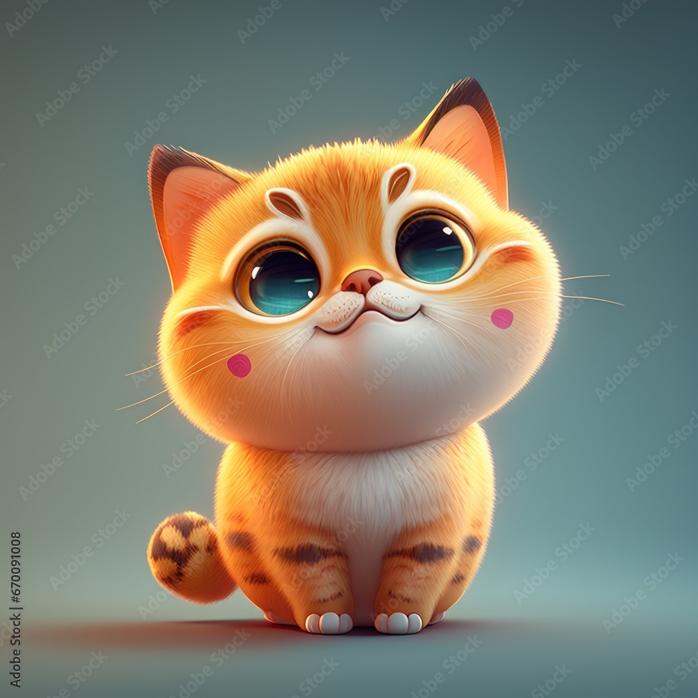 Cute 3D little cat with big eyes kids cartoon illustration digital artwork on blue. Funny kitten for, package, postcard, brochure, book