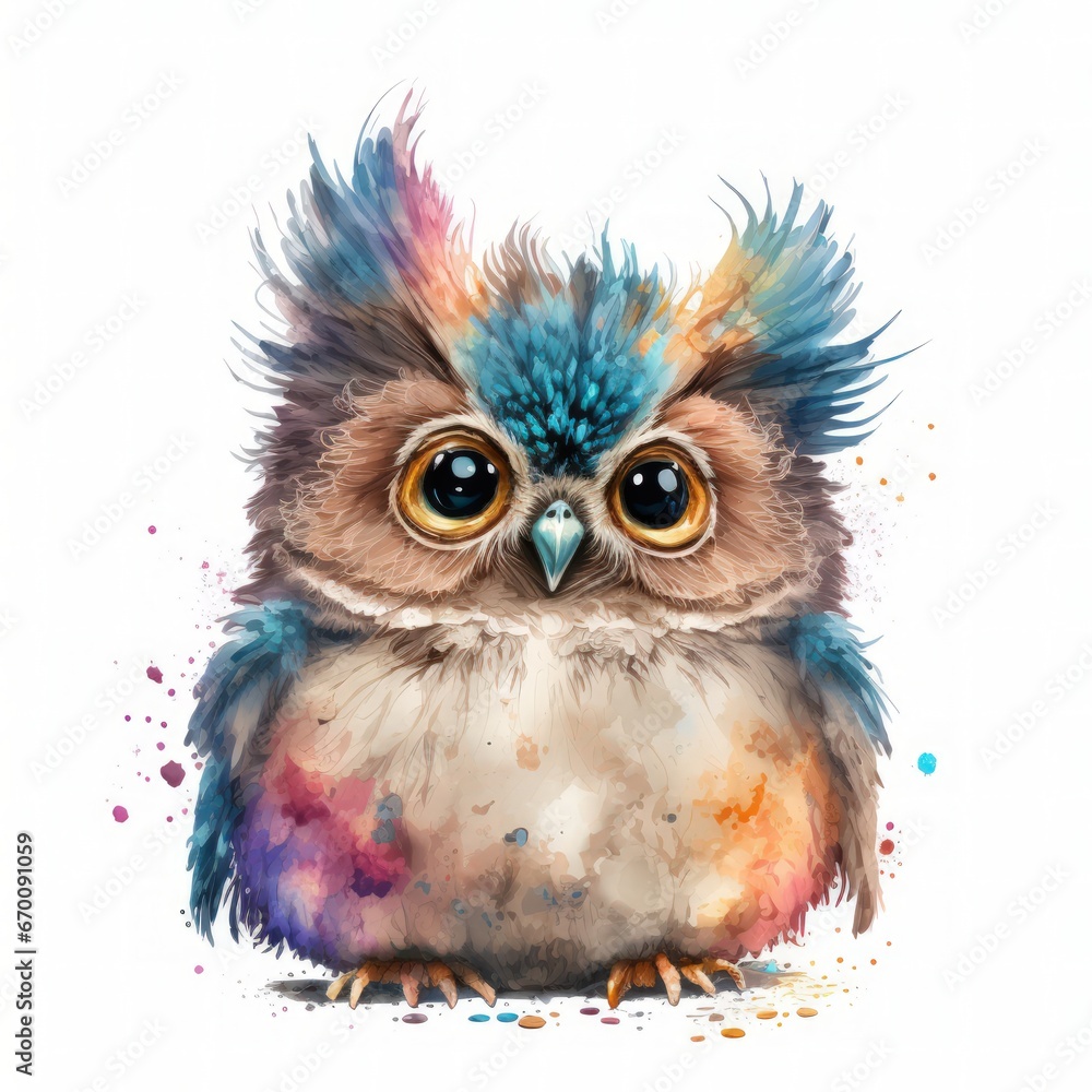 Cute 3D little owl with big eyes kids cartoon illustration digital artwork isolated on white. Funny owl, hand drawn watercolor for, package, postcard, brochure, book