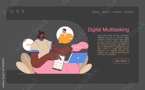 Digital multitasking web banner or landing page dark or night mode. Effective and competent office worker media consumption management. Business productivity optimization. Flat vector illustration