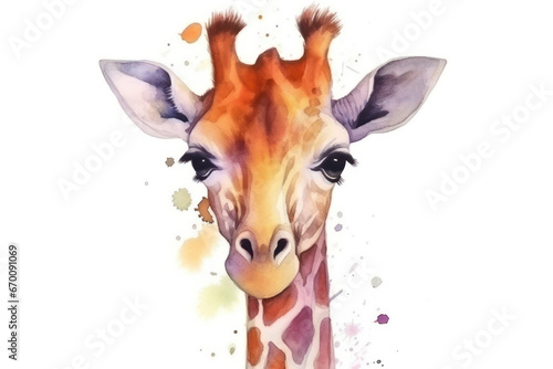 Cute 3D little giraffe with big eyes kids cartoon illustration digital artwork isolated on white. Funny baby giraffe, hand drawn watercolor for package, postcard, brochure, book