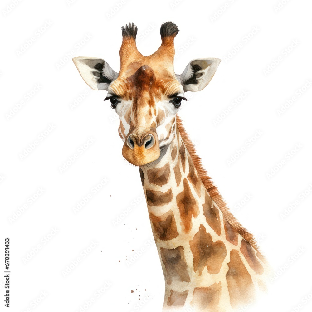 Obraz premium Cute 3D little giraffe with big eyes kids cartoon illustration digital artwork isolated on white. Funny baby giraffe, hand drawn watercolor for package, postcard, brochure, book