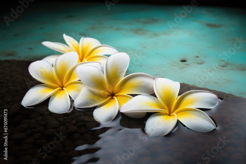 Frangipani flowers on wooden background - Generative AI