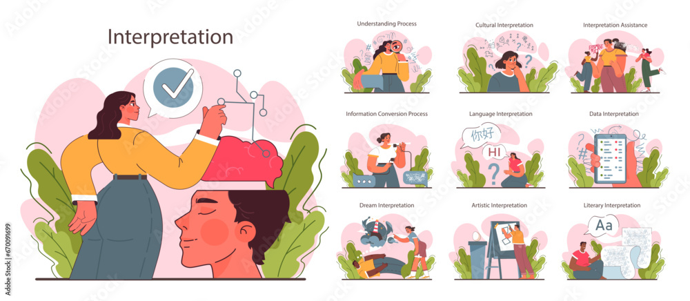 Fototapeta premium Interpretation set. Data literacy. Information understanding, analysis and usage. Process of info explanation and conversion. Flat vector illustration