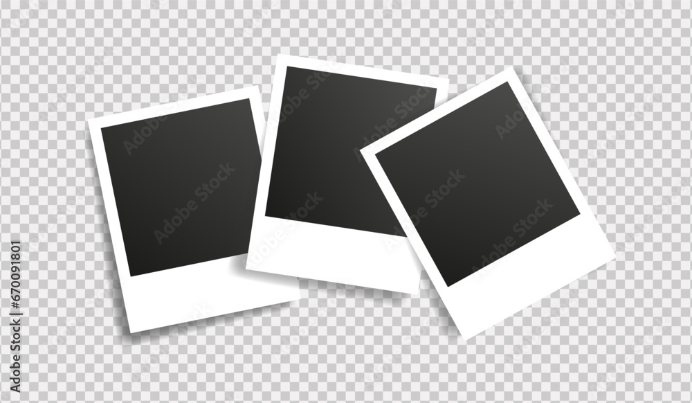 Set of realistic photo template. Three empty photo frames mock up with shadow. Vector illustration on transparent background. - obrazy, fototapety, plakaty 