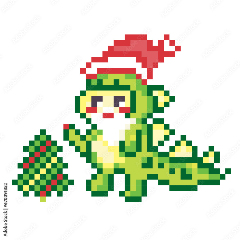 Pixel dragon with a Christmas tree for an application, game, website. A character from a for a New Year's card, a game, an application, a website. Pixel dragon with a Christmas tree for an application, game, website. A character from a for a New Year's card, a game, an application, a website.