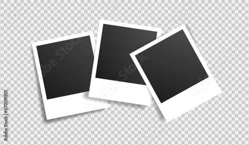 Set of realistic photo template. Three empty photo frames mock up with shadow. Vector illustration on transparent background.