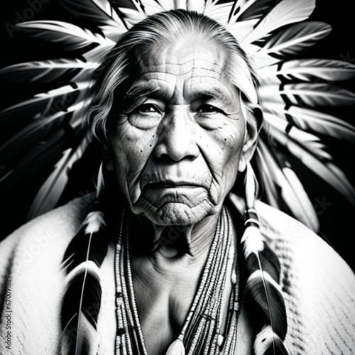 Black and white portrait of an elderly native American man.  Generative AI