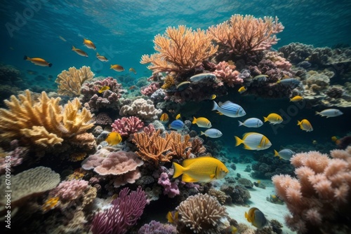 Beautiful picturesque underwater world with colorful fish, algae, coral reefs
