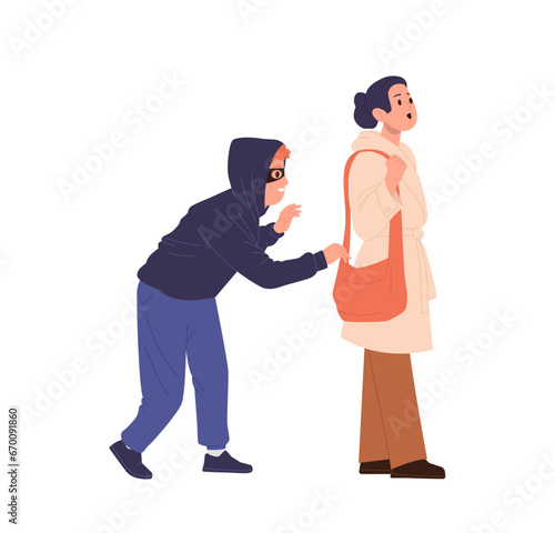 Male pickpocket street thief cartoon character wearing facemask and hoodie attacking woman