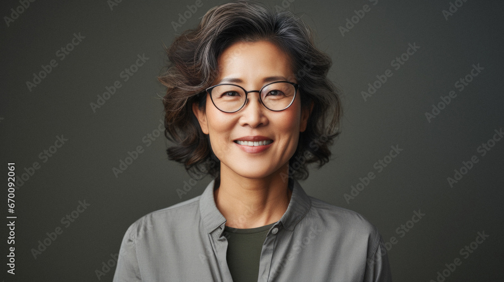 Portrait of a beautiful Asian businesswoman wearing glasses and smiling.