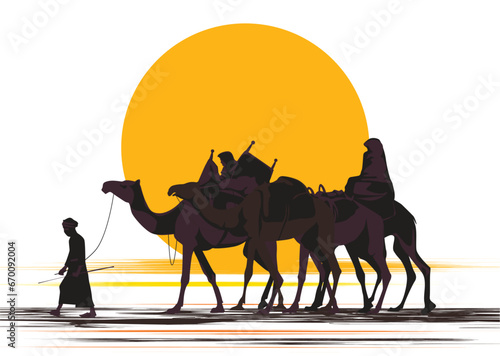 Desert camel caravan silhouette over the sunset