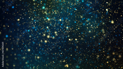 Abstract dark blue background with green tints and golden sparkles.