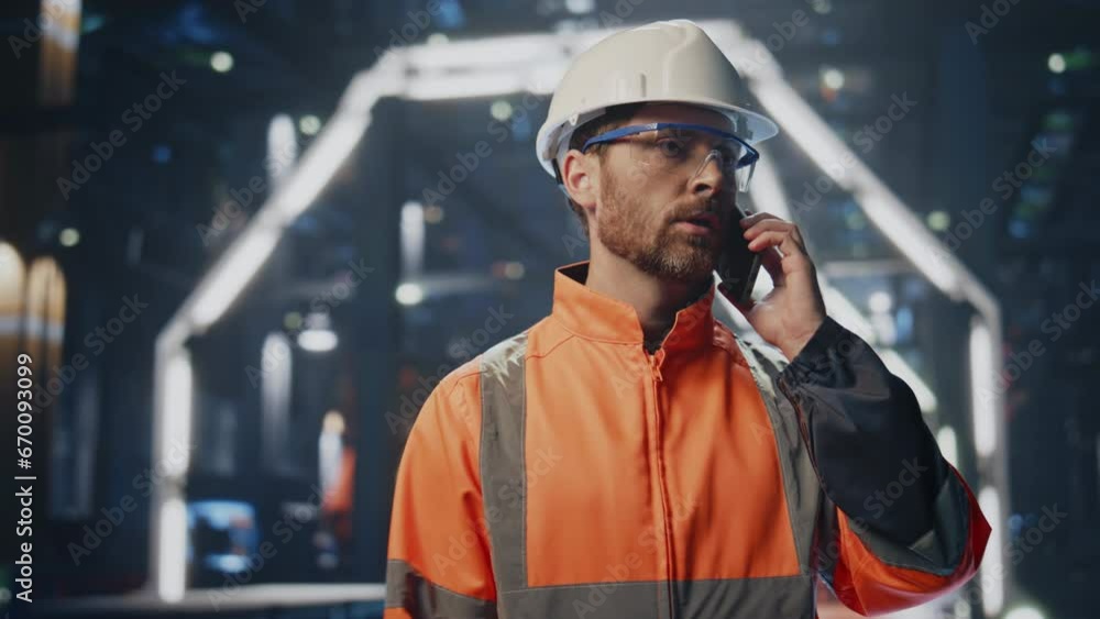 Qualified engineer talking cell phone giving instructions close up. Worker call Qualified engineer talking cell phone giving instructions close up. Worker call