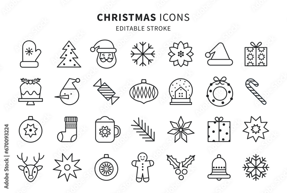 Set of Christmas outline icons. Holiday symbol. Xmas line icons collection. Editable stroke. Vector illustration. - obrazy, fototapety, plakaty 