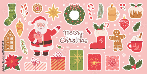 Set of Christmas stickers.  Santa Claus, wreath, holly, gifts, branches spruce, red berries, christmas balls, cup cacao. Perfect for scrapbooking, greeting card, party invitation, poster.